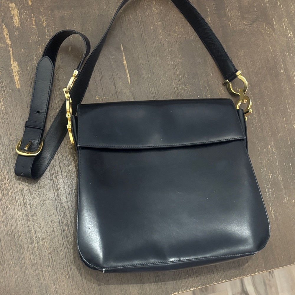 Vintage Ferragamo Black Leather Shoulder Bag